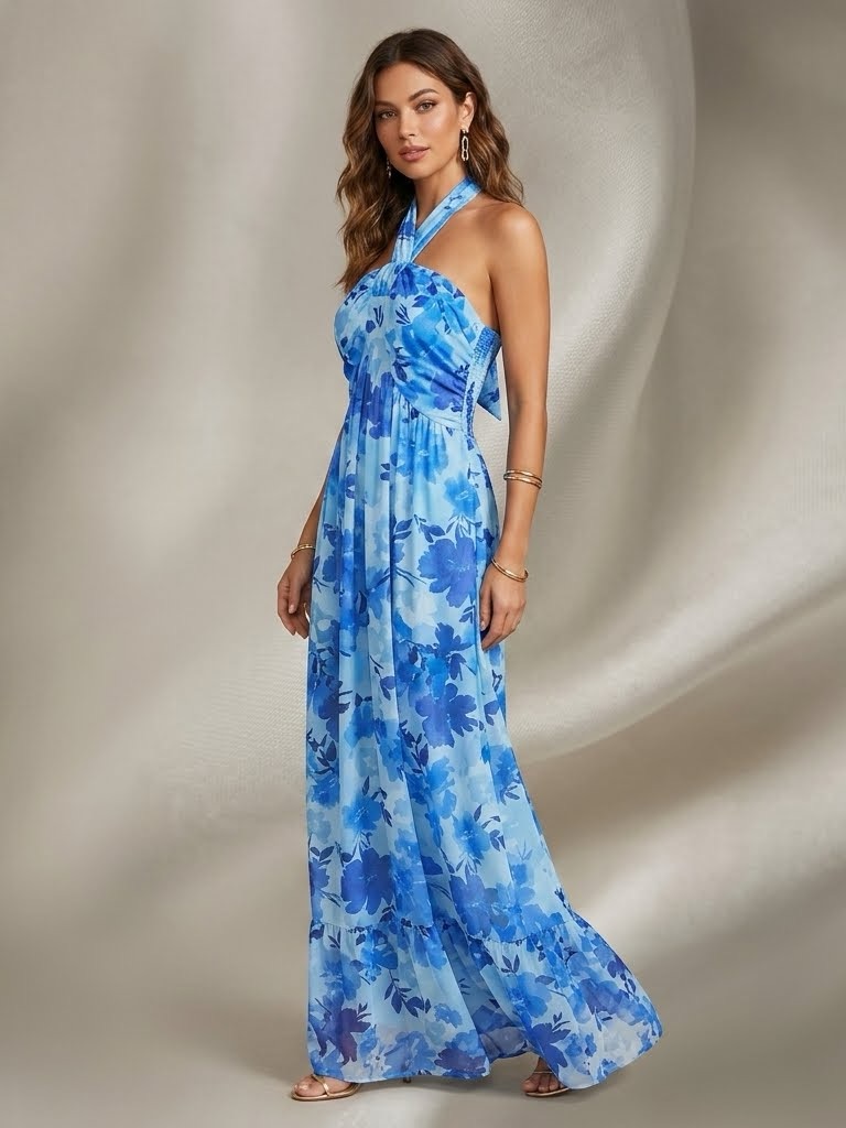 Nwt Grace Karin Bohemian Blue And White Maxi Dress Size Small
